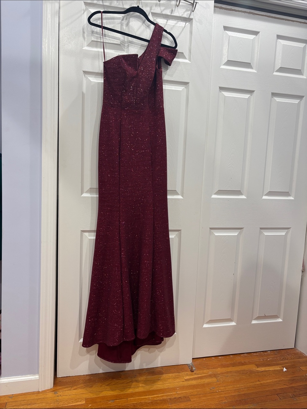 Betsy & Adam Burgundy Shimmer Prom Dress